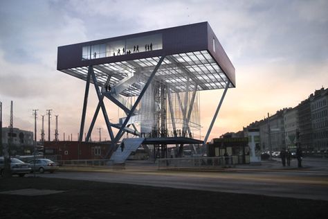 Infobox for Vienna is an Elevated Volume with Multiple Viewing Platforms / KARAMBA3D - eVolo | Architecture Magazine Viewing Platform Architecture, Super Structure Architecture, Elevated Architecture, Platform Architecture, Viewing Platform, Architecture Structure, Renovation Architecture, Pavilion Architecture, System Architecture