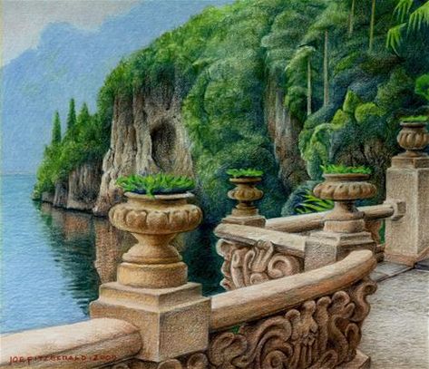 Daily Paintworks - "Villa Balbianello" - Original Fine Art for Sale - © Joe Fitzgerald Colour Pencil Art Landscapes, Pencil Colour Painting, Drawing Landscapes, Pencil Sketches Landscape, Colored Pencil Artwork Ideas, Villa Balbianello, Panda Artwork, Watercolor Pencil Art, Landscape Pencil Drawings