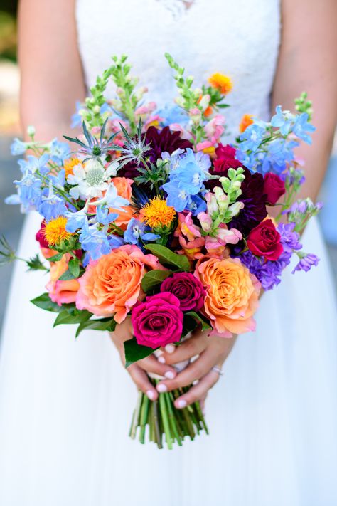 Colourful Spring Wedding Flowers, Neon Wedding Bouquet, Colorful Hoco Flowers, Wild Flower Prom Bouquet, Orange Spring Wedding Flowers, Very Colorful Wedding, Blue And Coral Bouquet, Multi Color Wedding Flowers, Flower Bouquet Bright Colors