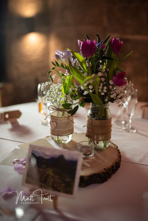 Jam Jar Wedding, Jam Jar Flowers, Arranged Flowers, Log Centerpieces, Wildflower Wedding Theme, Simple Wedding Centerpieces, Jam Jars, Kent Wedding, Wooden Log