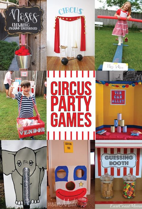 Fun circus birthday party games you can DIY or buy! Great ideas for kids that are also fun for adults! Go beyond ring toss and face painting with these free printable games, DIY games, and more! Circus Party Ideas Games, Circus Theme Party Activities, Circus Theme Games Preschool, Carnival Prek Activities, Carnival Theme Party Decorations Free Printable, Circus Birthday Party Games, Backyard Circus Birthday Party, Circus Themed Games, Circus Theme Games For Kids