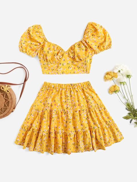 Snow White Outfits, Matching Skirt Set, Top Summer Outfits, Yellow Clothes, Ethereal Dress, Summer Day Dresses, 2piece Outfits, Ruffle Hem Skirt, Tie Back Top