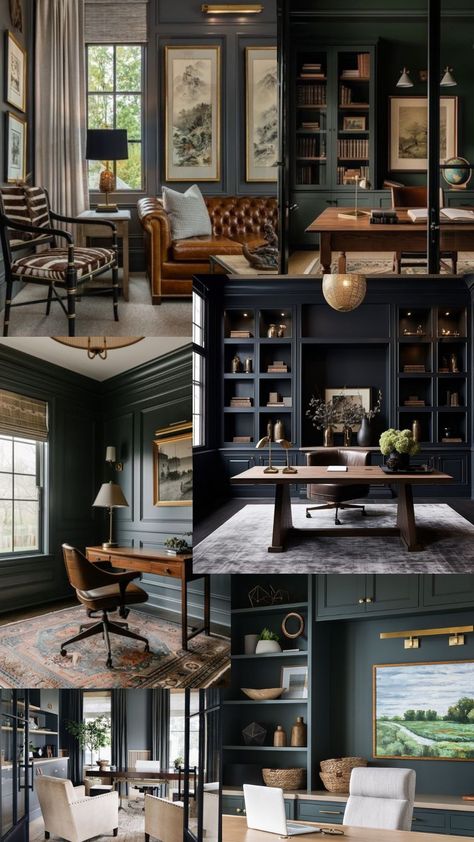 Moody Green Study, Moody Game Room Ideas, Dark Green Library Room, Dark Green Office Walls, Dark Green Study, Green Library Room, Witch Apartment, Green Office Walls, Dark Green Office