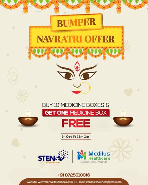 ✨BUMPER NAVRATRI OFFER✨ With Navratri season, Stensa Lifesciences is all set in the festive mood to offer heavy discounts to our clients. Buy 10 Medicine Boxes and Get 1 Medicine Box FREE. Limited Period Offer!!! . . #navratri #navratri2021 #stensalifesciences #discounts #medicine #Free Navratri Offer, Navratri Festival, Medicine Boxes, Get One, Medicine, Period, Digital Marketing, Festival, 10 Things