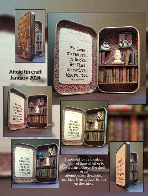 Altoid tin library Altoid Tin Library, Altoid Tin Bookshelf, Altoid Tin Miniatures, Altoids Tins Aesthetic, Altoids Box Ideas Tin Art, Painted Altoid Tins, Altoid Diorama, Decorated Altoid Tins, Altoid Tin Gifts