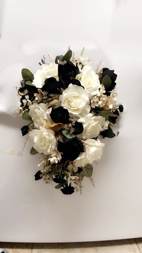 Bridal Bouquet Black, White, & Gold Cascading Bouquet Black Gold White Bouquet Wedding Flowers, Black And Neutral Bouquet, Black White Green And Gold Wedding Flowers, Black And Cream Wedding Bouquet, Black And Gold Wedding Flowers Bridal Bouquets, Black And Beige Bouquet, Black Gold And White Bouquet, Black White Champagne Wedding Flowers, Black White And Gold Flower Bouquet