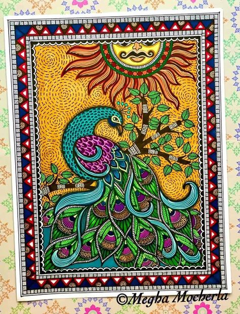 Madhubani Art On A3 Sheet, Katchni Madhubani Painting, Peacock Madhubani Art, Traditional Madhubani Art Krishna, Peacock Madhubani Painting, Madhubani Art Design Indian Paintings, Madhubani Paintings On Canvas, Madhubani Drawing Easy, Madhubani Art Krishna