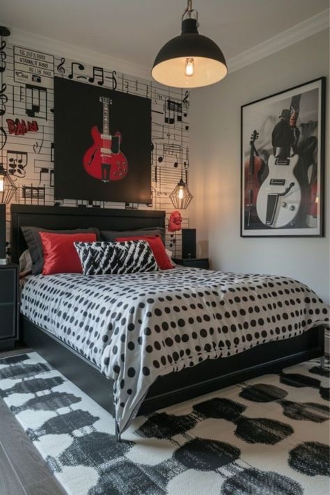 Music Studio Room Design, Music Studio Bedroom, Rock N Roll Bedroom, La Bedroom, Studio Room Design, Music Themed Bedroom, Instrument Storage, Star Bedroom