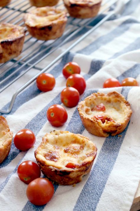 These mini tomato pies are rich and decadent, warm, and the ultimate comfort food. Perfect for lunch or dinner with a side salad, as a snack, or as an appetizer for a party! Can be individually frozen for a super convenient treat. Mini Pie Recipes Savory, Mini Tomato Pie, Mini Tomato Recipes, Individual Tomato Pies, Mini Meat Pie Recipe, Savoury Canapes, Mini Tomato Galette, Tomato Pie Recipe, Picky Toddler Meals