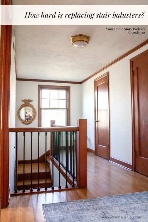 Replace Stairs, Hallway Staircase, Diy Stairs Makeover, Diy Stair Railing, Metal Balusters, Stair Posts, Upstairs Landing, Stair Balusters, Hallway Light Fixtures