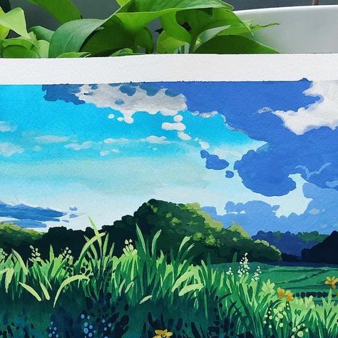 Visual Mind on Instagram: "This is still one of my favorite of the more simple Studio Ghibli Landscapes 😊   #gouache #gouachepainting #gouacheart #studioghibli #studioghiblipainting #paintingideas #paintinginspiration" Ghibli Painting Reference, Simple Gouache Landscape, Gouache Simple Painting, Studio Ghibli Gouache Painting, Studio Ghibli Landscapes, Guache Ideas, Ghibli Gouache Painting, Studio Ghibli Gouache, Ghibli Landscapes