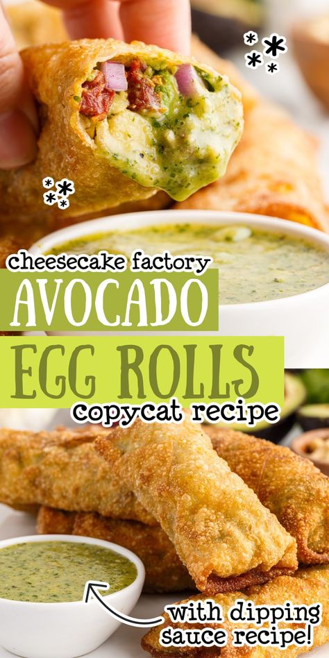 These crispy rolls have a creamy avocado filling and taste just like Cheesecake Factory avocado egg rolls when dipped in our cashew sauce! Guacamole Egg Rolls, Cheesecake Factory Egg Rolls, Bjs Avocado Egg Rolls Recipe, Types Of Egg Rolls, Egg Roll Charcuterie Board, Avocado Egg Rolls Cheesecake Factory, Easy Egg Roll Recipes, Avacado Egg Rolls, Egg Roll Filling Recipes