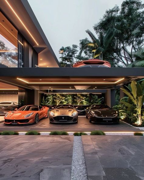 Dream Car Garage Luxury, Luxury Carport Design, Luxury Parking Garage, Car Porch Design Modern, Dream Garage Luxury, Luxury House Garage, Car Parking Design Home, Luxury Car Garage Design, Luxury Parking