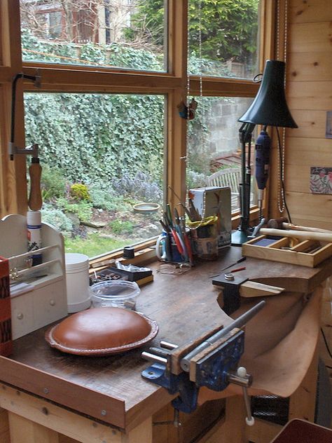 #workbench. Love this! What a view!!! I think the chip catcher in the front of the workbench would also be a great idea for sewing. Maybe I wouldn't walk around with threads all over me  :-) Jewelers Workbench Ideas, Jewelry Work Bench, Silversmith Studio Ideas, Jewelry Making Studio Ideas Work Spaces, Leather Working Bench, Jewelry Bench Workspaces, Jewellery Studio Workspaces, Diy Jewelers Bench, Wood Work Bench Ideas