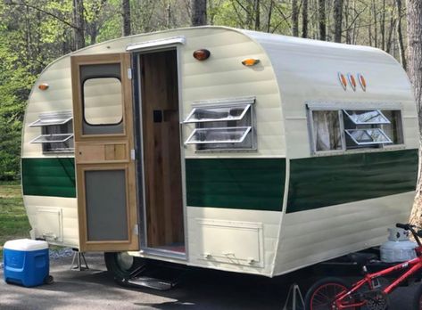 1966 Road Runner Travel Trailer for Sale. 14ft vintage camper. Newly restored, it has all new paint and flex sealed top all new lights and the inside has natural poplar tongue and grove panels, has all original appliances that work good. New plastic 6 gal water tank with hookup or hand pump, Portable toilet, Renovated Camper, Small Campers For Sale, Vintage Camper Redo, Vintage Trailers For Sale, Vintage Campers For Sale, Rv Campers For Sale, Vintage Trailer Remodel, Vintage Trailer Interior, Camper Tops