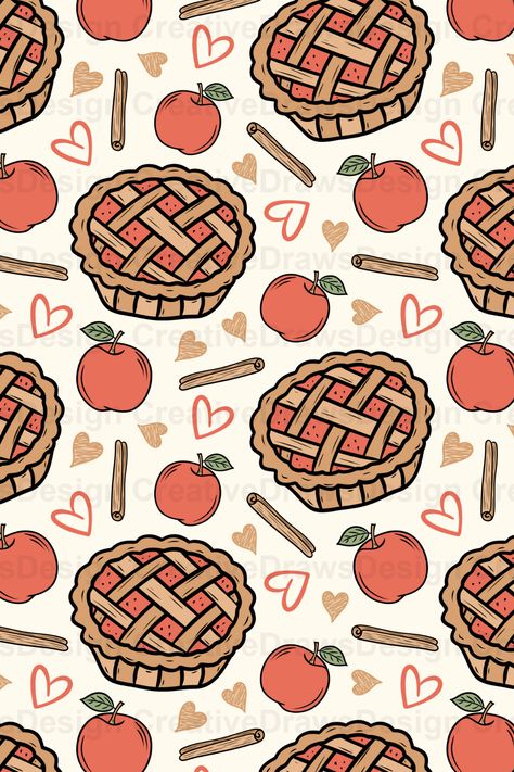 A High Quality Digital Seamless Pattern of Red Apples and Apple Pie. This Apple Pie Digital Repeating Digital Paper File is perfect for Fall and Thanksgiving. A Seamless Pattern Design by CreativeDrawsDesign for Personal and Commercial use. Cute Cinnamon Apple Pie and Hearts Surface Pattern. Thanksgiving Apple Watch Background, Thanksgiving Seamless Pattern, Fall Apple Wallpaper, Fall Seamless Pattern, Apple Pie Wallpaper, Apple Pie Drawing, Apple Pie Illustration, Fall Themed Wallpapers, Pie Background