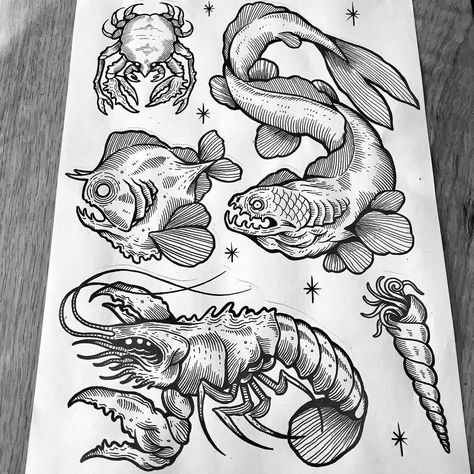 Deep trouble. Flash sheet complete. #fish #flash #seacreatures #illustration #lobster #crab #nautical Sea Creature Flash Tattoo, Fish Tattoo Flash Sheet, Sea Monster Traditional Tattoo, Sea Monsters Tattoo, Ocean Filler Tattoo Ideas, American Traditional Sea Creature Tattoo, Traditional Sea Creature Tattoo, Sea Animal Tattoos Sleeve, Fish Flash Tattoo