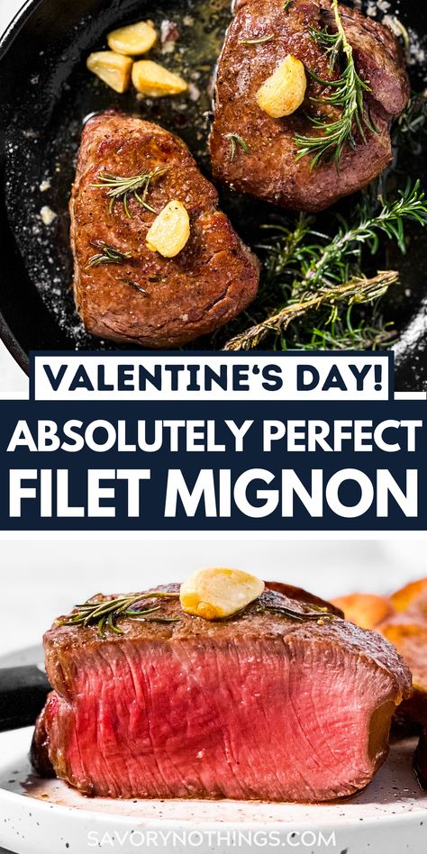 This is the perfect way to cook filet mignon at home - simple, flavorful and absolutely juicy. Great for Valentine's Day or any time you want to make a special dinner! | #valentinesday #dinner #datenight #datenightin #valentinesdayrecipes #beef #beefrecipes #dinnerideas #easyrecipes #filetmignon Skillet Filet Mignon, Perfect Filet Mignon, Filet Mignon Recipe, Mignon Steak, Filet Mignon Recipes, Filet Mignon Steak, Home Simple, Fool Proof Recipes, Steak Dinner