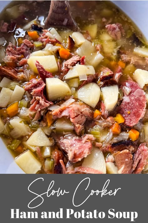 This Slow Cooker Ham and Potato Soup is an easy recipe you can dump in the Crockpot and walk away to continue on your day. You can use leftover baked ham, a ham bone, or store-bought diced cubed ham, along with your favorite vegetables. Slow Cooker Diced Ham Recipes, Ham Stew Crockpot, Leftover Ham Recipes Easy Quick, Ham Hock Potato Soup Crock Pot, Ham Off The Bone Recipes, Ham Bone Potato Soup Crockpot, Ham Bone Recipes Crockpot, Diced Ham Crockpot Recipes, Crockpot Recipes With Ham