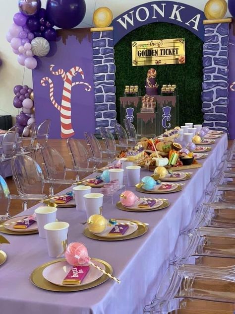 Chocolate Birthday Theme Ideas, Willa Wonka Birthday Party, Chocolate Themed Party Decorations Decor, Wonka Chocolate Factory Themed Parties, Wonka Themed Birthday, Charlie Chocolate Factory Party, Wonka Party Food, Charlie And Chocolate Factory Party, Willy Wonka Birthday Party Ideas