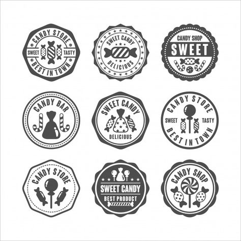 Badge stamps candy shop collection | Premium Vector #Freepik #vector #logo #label #badge #shop Candy Shop Logo, Sweet Shop Logo, Candy Text, Candy Icon, Ice Cream Logo, Lollipop Cake, Chocolate Humor, Candy Logo, Cupcake Logo