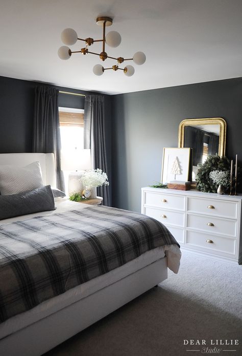 Christmas Tree In Bedroom, Tree In Bedroom, Grey Curtains Bedroom, Christmas Decor Neutral, Dark Grey Curtains, Plaid Bedroom, Dark Gray Bedroom, Dark Grey Rooms, Gray Bedroom Walls