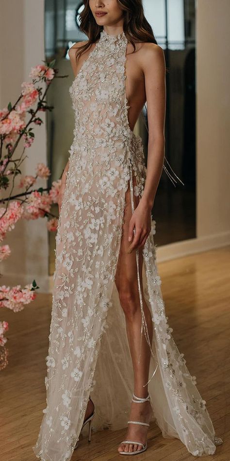 Abroad Wedding Dress Ideas, Wedding Dresses Peach, Free Flowing Wedding Dress, Bright Color Wedding Dress, Wedding Gown For Beach Wedding, Destination Wedding Bridal Outfits, Unique Beach Wedding Dress, Goddess Inspired Wedding Dress, Unique Bride Dresses