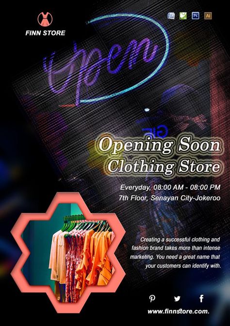 Do you need to advertise your new upcoming clothing store? We have the best one for you. Its attractive graphic design, vibrant color surely attracts the people who are love to be always in the fashionable clothes. It is a fully high quality ready-made content so you can customize it any way in all compatible file formats. Download it now. For more design , and create your own design by your choice. Connect with us. 9903609509 📲 Clothing Store Poster, Store Poster, Great Names, Fashionable Clothes, More Design, Opening Soon, Ready Made, Do You Need, Clothing Store