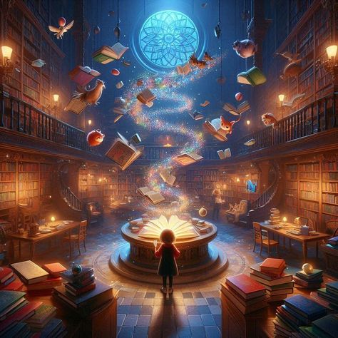 Step into a world where stories come alive and imagination knows no bounds. Welcome to the magical library where books float and characters leap off the pages! #MagicalLibrary #FantasyWorld #BooksComeAlive #Imagination #FloatingBooks #StorytimeMagic #LiteraryAdventure #FantasyLibrary #BookLovers #EnchantedLibrary Floating Book Drawing, Magic World Illustration, Magical Library Fantasy Art, Imagination World, Library Painting, Magic Concept, Magic Library, Fantasy Library, Magical Library