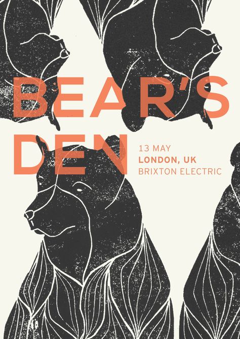 Linocut Poster Design, Lino Poster, Linocut Poster, Lino Inspiration, Bear Poster, 3 Bears, Tour Poster, Relief Printing, Lino Cut