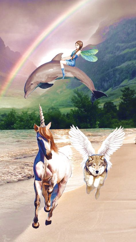 Unicorn and wolf running on a beach with a fairy riding a dolphin jumping over them and also a rainbow. Wolf Running, A Dolphin, Rainbow Unicorn, A Rainbow, Dolphins, Rainbow, Running, Pins, Quick Saves