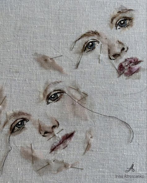 Painting And Textile Art, Textile Embroidery Art, Messy Embroidery, Textiles Portraits, Photography Embroidery, Textile Portraits, Stitched Collage, Sisters Portrait, Collage Embroidery