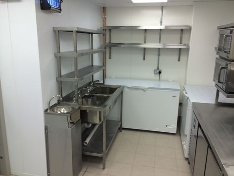 Mini Commercial Kitchen, Commercial Kitchen Storage Ideas, Home Bakery Kitchen Small Spaces, Small Home Bakery Kitchen Design, She Shed Bakery Ideas, Small Bakery Kitchen Layout, Commercial Kitchen Design For Home, Small Bakery Kitchen, Small Commercial Kitchen Design