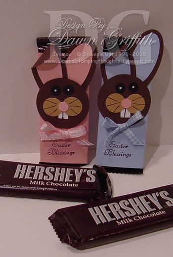 candy wrappers - cute and yummy!! Hershey Bar Treat Holder, Stampin Up Candy Bar Holder, Paper Bag Bunnies Treat Holder, Hershey Miniature Treat Holders, Easter Bunny Candy Bar Wrapper, Stampin Up Easter, Easter Favors, Candy Crafts, Easter Projects