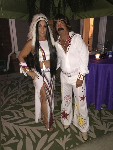 Our Best Sonny & Cher! I made both costumes. Halloween 2016 Cher And Sonny Costume, Sonny Cher Halloween Costume, Cher Diy Costume, Sonny And Cher Costume Halloween Diy, Sunny And Cher Costume, Sonny And Cher Costume Halloween, Sonny And Cher Costumes, Cher Costume Halloween, Sonny And Cher Costume