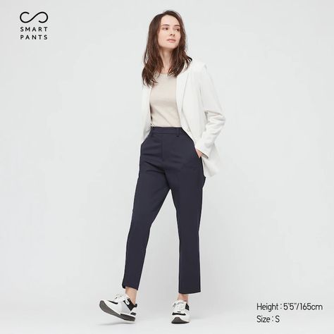 Uniqlo Looks, Ankle Length Trousers, Office Casual Outfit, Work Dresses For Women, Shirt Tucked In, Professional Wear, Baby Blue Colour, Uniqlo Women, Comfy Pants