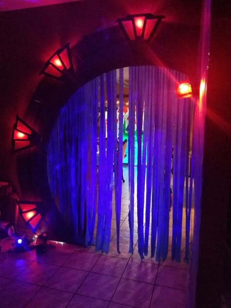 Sci Fi Party Decorations, Space Prom Theme, Sci Fi Decorations Party, Intergalactic Party, Time Travel Decorations, End Portal Room, Space Theme Entrance, Spaceship Hallway, Spaceship Door