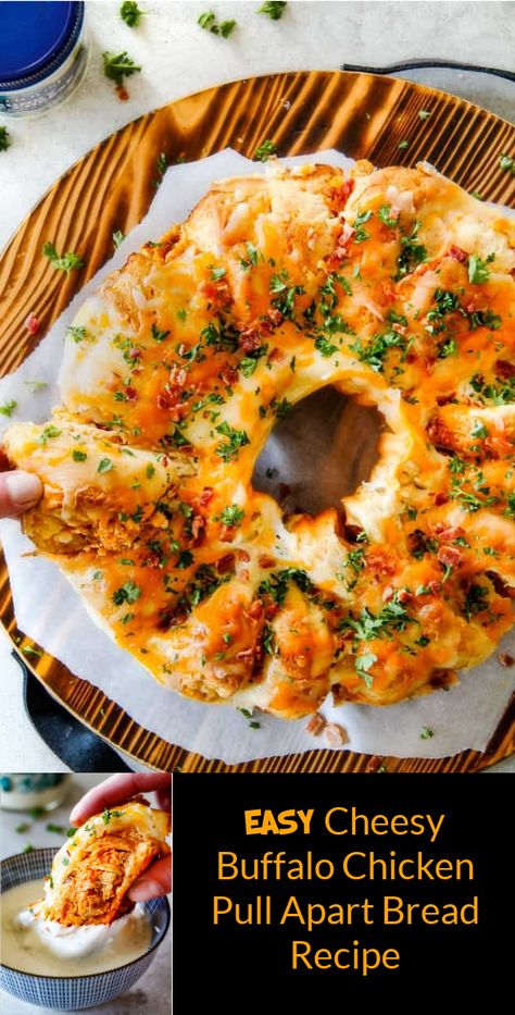 Buffalo Chicken Bread Pull Apart, Pull Apart Bundt Pan Recipes, Pulled Chicken Appetizers, Bundt Pan Pull Apart Bread, Pull Apart Bread Recipes Easy, Buffalo Chicken Monkey Bread, Pillsbury French Bread Recipes Ideas, Bundt Pan Appetizer Recipes, Bundt Pan Dinner Recipes