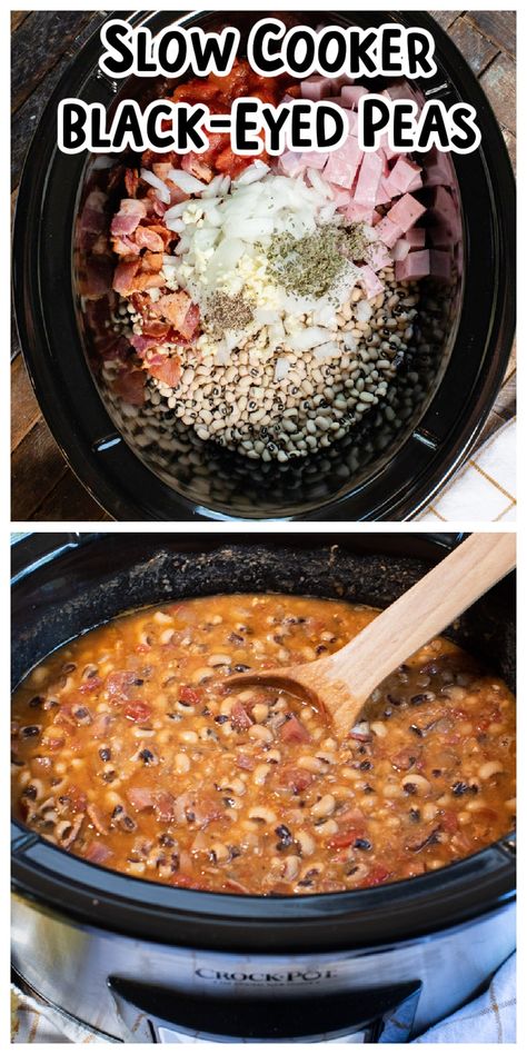 Make a new tradition with these Slow Cooker New Year's Day Black-Eyed Peas and bring yourself good luck! These peas are slow-cooked with ham, bacon and onion and make a perfect meal. #crockpot #slowcooker #blackeyedpeas #newyears Black Eyed Peas And Ham Crock Pot, How To Make Black Eyed Peas Crock Pot, No Soak Black Eyed Peas Crock Pot, Crockpot Black Eyed Peas With Ham Hock, Ham And Black Eyed Peas Crock Pot, Crockpot Blackeyed Peas Southern, Ham And Black Eyed Peas Soup Recipes, Black Eyed Peas With Cabbage, Crockpot New Years Meals