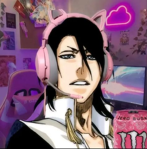 Who wants monster? Cat Earphones, Byakuya Bleach, Bleach Meme, Bleach Pfp, Cat Headphones, Pink Headphones, Kuchiki Byakuya, Mother Games, Bleach Funny