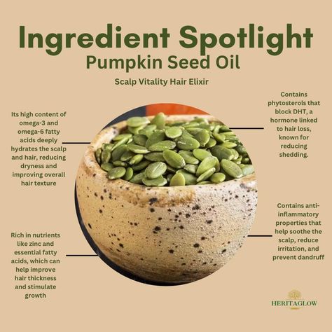 Pumpkin isn't just for fall treats—it's also a haircare powerhouse! 🎃🍂 From promoting growth to nourishing your scalp, pumpkin seed oil has some serious hair benefits you don’t want to miss. While everyone’s loving pumpkin in their lattes, we’re using it for glowing, healthy hair! ✨ Try our Scalp Vitality formula, infused with pumpkin seed oil, and give your hair the boost it needs this season. #fallvibes🍁 #pumpkinpower #healthyhair #HeritaGlow #pumkinseedoil #dhtblocker #heritaglowingr... Pumpkin Seed Oil Benefits, Hair Elixir, Pumpkin Seed Oil, Scalp Oil, Pumpkin Seed, Oil Hair, Fall Treats, Hair Growth Oil, Hairstyle Ideas