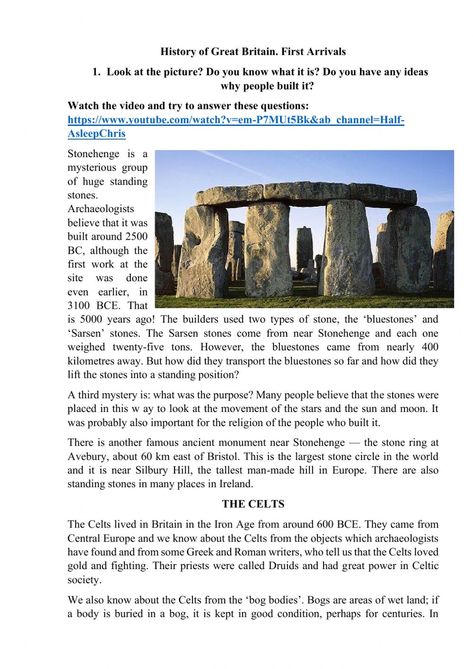 Stonehenge History, 3rd Grade Social Studies, History Worksheets, History Of England, Art Worksheets, Standing Stone, History For Kids, English Reading, Teaching History