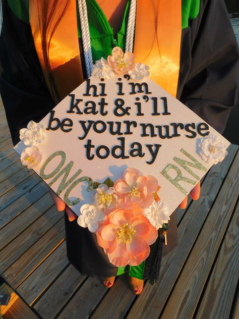 Cna Cap Ideas, Pediatric Graduation Cap, Nursing School Grad Cap Ideas, Or Nurse Graduation Cap, Er Graduation Cap, Oncology Nurse Graduation Cap, Grad Cap Designs Nursing, Cardiac Nurse Graduation Cap, Bsn Cap Decoration