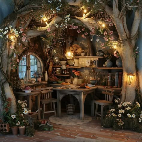 Fairy House In The Woods, Fairy Home Interior, Fairy Woods Aesthetic, Fairy Cottage Interior, Bioluminescent Flowers, Treehouse Community, Fairy Home Aesthetic, Fairycore Interior, Fairytale House Interior