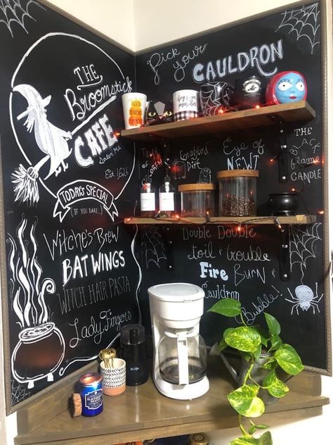 Gothic Coffee Bar Ideas, Witch Cafe Coffee Shop, Witchy Coffee Shop Aesthetic, Witchy Coffee Bar, Witch Coffee Bar, Witch Coffee Shop, Witchy Coffee Shop, Coffee Magick, Witch Cafe