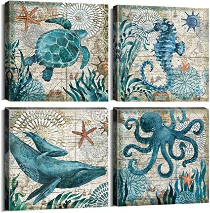 AmazonSmile: Bathroom Decor Canvas Wall Art for Living Room Home Decorations Kitchen Teal Ocean Sea Turtle Horse Octopus Pictures Accessories Nautical Beach Theme Poster Paintings Bedroom Framed Sets 4 Pcs 12x12": Posters & Prints Teal Bathroom Accessories, Coastal Room Decor, Bathroom Canvas Art, Dolphin Painting, Bathroom Wall Decor Art, Nautical Painting, Beach Bathroom Decor, Sea Wall Art, Ocean Wall Art