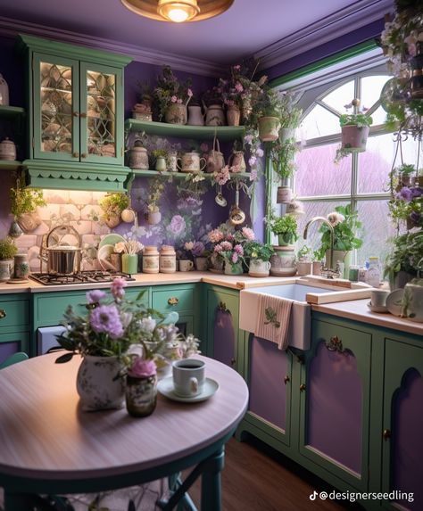 Fancy House Inside, Lavender And Green Kitchen, Eclectic Spring Decor, Fairycore Kitchen Aesthetic, House Interior With Plants, Fairycore Interior Design, Apothecary Home Decor, Cottage Core Home Decor Ideas, Cottage Core Maximalist