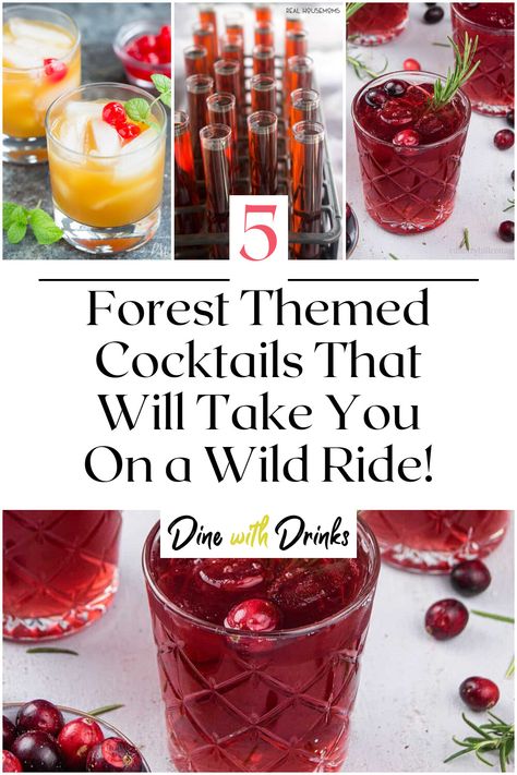 Collage of 4 forest themed cocktails. Woodland Mocktails, Enchanted Forest Drink Ideas, Bear Themed Cocktails, Enchanted Forest Cocktails, Woodland Cocktail, Camping Themed Cocktails, Woodland Themed Cocktails, Forest Themed Cocktails, Forest Themed Drinks