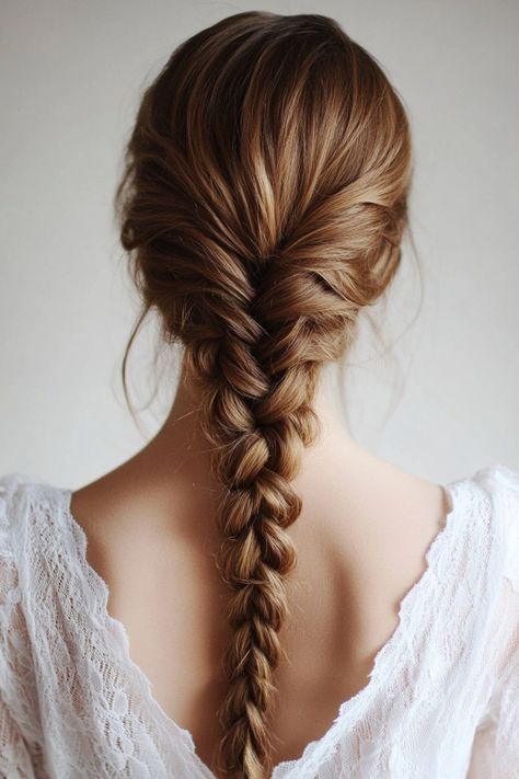 A person with long hair styled in a loose braid, wearing a white lace top. Braid Aesthetic, Simple Braided Hairstyles, Hairstyles For Girls Kids, Dutch Pigtail Braids, Plaited Hair, Braids Dutch, Braided Headbands, Crown Braids, Loose French Braids