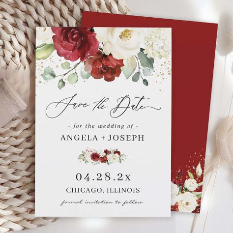 Beautiful Red White Rose Floral Eucalyptus Wedding Save The Date #zazzle #weddinginvitations #birthdayinvitations #babyshowerinvitations #zazzleinvitations #monogram #businesscards #graduation #homedecor Red And White Wedding Invitations, Red Rose Wedding Invitations, Digital Wedding Invitations Templates, Red And White Weddings, Red Rose Wedding, Rose Wedding Invitations, Red And White Roses, Floral Save The Dates, White Wedding Invitations